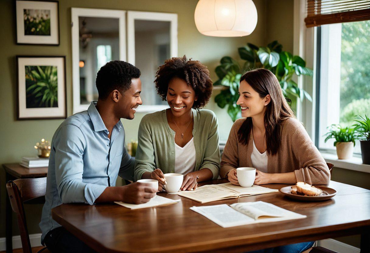 A serene, intimate scene of a couple discussing their life, health, and home insurance plans over a cozy table filled with documents, cups of coffee, and a heart-shaped decorative piece in the center. Warm ambient lighting casts a gentle glow, creating a sense of partnership and shared life decisions. Subtle details of a home in the background, like a family photo and plants, enhance the homey vibe. super-realistic. warm colors. soft focus.