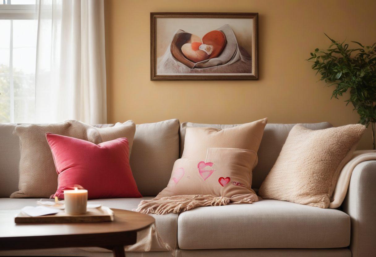 A cozy couple sitting together in a warm, inviting living room, surrounded by symbols of protection such as a shield, umbrella, and heart, symbolizing security in relationships and insurance coverage. Soft, soothing colors enhance feelings of comfort and trust. Include subtle elements like a framed family photo and a document with the word 'Insurance' visible. super-realistic. warm colors. soft lighting.