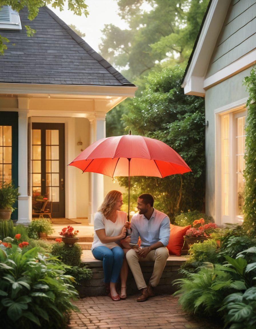 A warm, inviting scene depicting a couple and a family under a protective umbrella symbolizing insurance coverage. The backdrop showcases a cozy home, implying security and safety, surrounded by lush greenery. A heart symbol subtly integrated into the umbrella to represent love and protection. Bright, cheerful colors to create a sense of positivity and reassurance. super-realistic. vibrant colors.